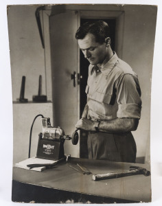 circa 1950 "Home Utility Electric Tools" point of sale advertising poster, real black and white photograph mounted on card, 90 x 64cm