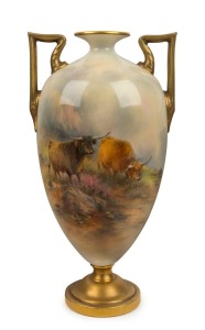 ROYAL WORCESTER "Highland Cattle" English porcelain vase, 20th century, puce factory mark to base, ​​​​​​​28cm high