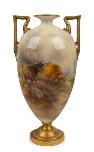 ROYAL WORCESTER "Highland Cattle" English porcelain vase, 20th century, puce factory mark to base, 28cm high