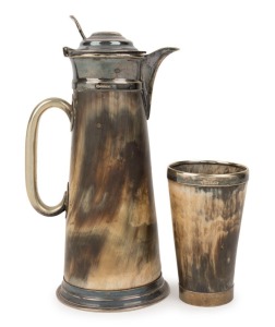 An unusual antique ale jug made from a single piece of horn with silver plated mounts and glass bottom, together with a matching beaker, 19th century, ​​​​​​​29cm and 13cm high