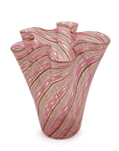 VENINI pink and white latticino Murano glass vase with gold inclusions, circa 1950s, 26cm high, 22.5cm wide