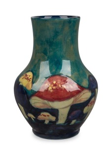 MOORCROFT "Claremont" pattern English pottery vase on celadon and blue ground, impressed "Moorcroft, Made In English", 17.5cm high