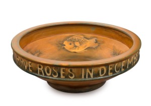 MOORCROFT "Fish" pattern English pottery bowl with inscription "God Has Given Us Memory That We May Have Roses In December", impressed "Moorcroft, Made In England", 7cm high, 20.5cm diameter
