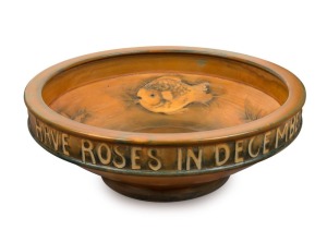 MOORCROFT "Fish" pattern English pottery bowl with inscription "God Has Given Us Memory That We May Have Roses In December", impressed "Moorcroft, Made In England", 7cm high, 20.5cm diameter