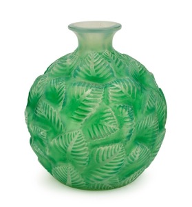 LALIQUE "ORMEAUX" jade green French art glass vase, circa 1926, engraved "R. LALIQUE, FRANCE" bearing original retailer's label "HARDY BROS. Ltd. AUSTRALIA", 17cm high