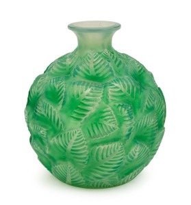 LALIQUE "ORMEAUX" jade green French art glass vase, circa 1926, engraved "R. LALIQUE, FRANCE" bearing original retailer's label "HARDY BROS. Ltd. AUSTRALIA", 17cm high