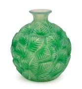LALIQUE&nbsp;"ORMEAUX" jade green French art glass vase, circa 1926, engraved "R. LALIQUE, FRANCE" bearing&nbsp;original retailer's label "HARDY BROS. Ltd. AUSTRALIA", 17cm high