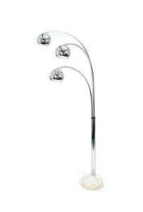 EYEBALL LAMP: Chrome finished 3 branch curved standard lamp on marble base, c1970s. 208cm