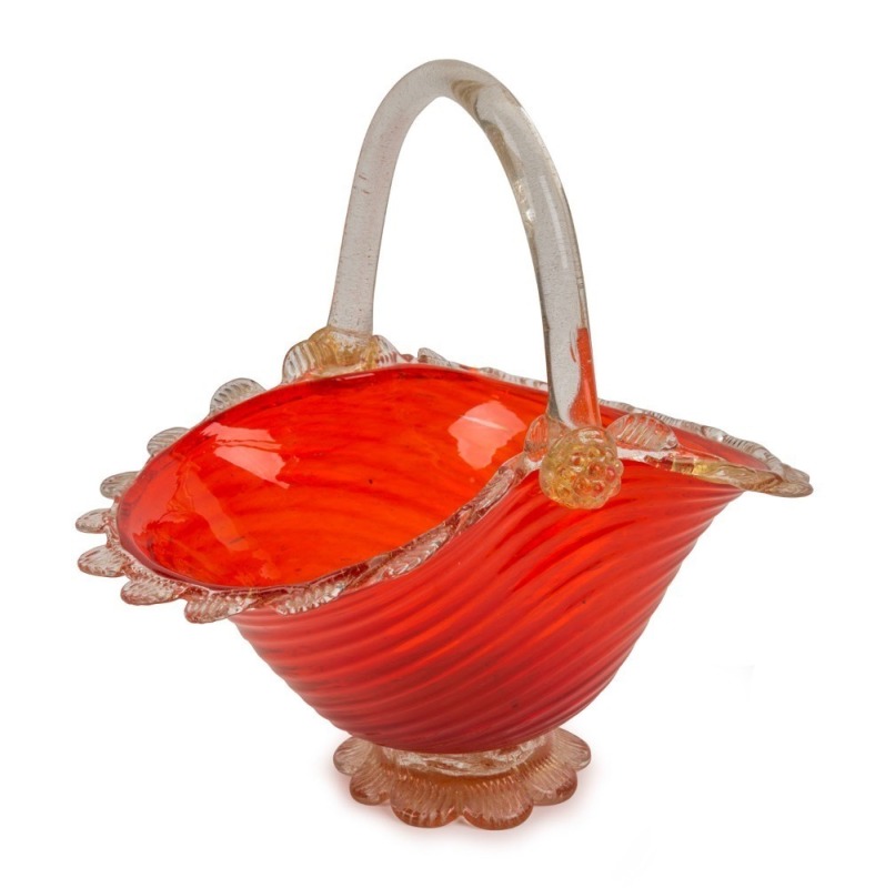 BAROVIER & TOSO orange Murano glass basket bowl with aventurina gold inclusions, circa 1950s, bearing original paper label "Barovier and Toso, Murano", 26cm high, 26.5cm wide