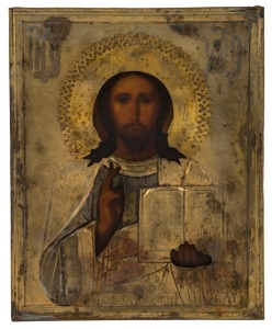 An antique Russian icon, hand-painted with gilt metal cover, 19th century, ​​​​​​​22 x 18cm