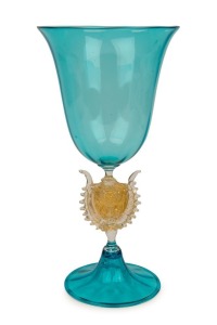 A Murano blue glass chalice with aventurina gold inclusions and rams head decoration, mid 20th century, 32.5cm high