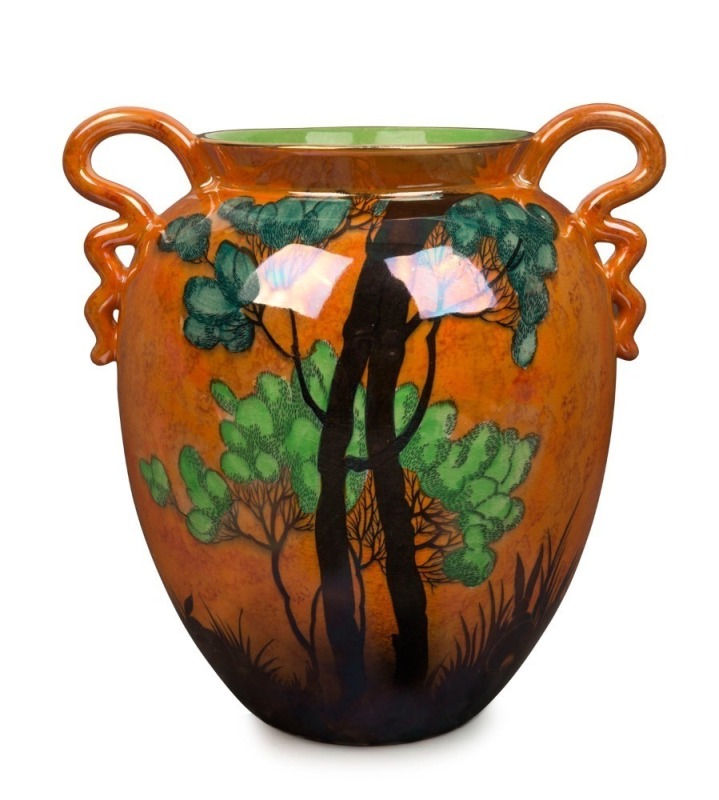 CARLTON WARE "RABBITS AT DUSK" English porcelain vase with two handles, circa 1930s, black factory mark to base, ​​​​​​​25.5cm high 24.5cm across the handles