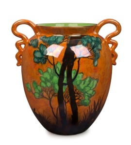 CARLTON WARE "RABBITS AT DUSK" English porcelain vase with two handles, circa 1930s, black factory mark to base, 25.5cm high 24.5cm across the handles