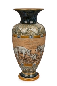 DOULTON LAMBETH antique English pottery vase with sgraffito cow decoration by HANNAH BARLOW, 19th century, impressed factory mark with artist monogram to base, 27.5cm high
