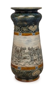 DOULTON LAMBETH antique English pottery vase with sgraffito decoration of cows and horses in landscape, by HANNAH and FLORENCE BARLOW, 19th century, impressed factory mark with artists monograms to base, 26cm high