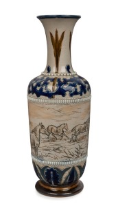 DOULTON LAMBETH antique English pottery vase with sgraffito decoration of horses in landscape, by HANNAH BARLOW, 19th century, impressed factory mark with artist monogram to base, 26.5cm high