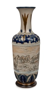 DOULTON LAMBETH antique English pottery vase with sgraffito decoration of horses in landscape, by HANNAH BARLOW, 19th century, impressed factory mark with artist monogram to base, 26.5cm high