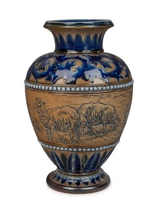 DOULTON LAMBETH antique English pottery vase with sgraffito decoration of sheep in landscape, by HANNAH BARLOW, circa 1879, impressed factory mark with artist monogram to base, 18.5cm high