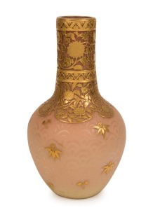 THOMAS WEBB stunning Queens Burmese satin glass vase with fine gilded overlay decoration, 19th century, engraved registration mark to base, 26cm high