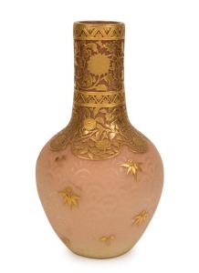 THOMAS WEBB stunning Queens Burmese satin glass vase with fine gilded overlay decoration, 19th century, engraved registration mark to base, ​​​​​​​26cm high