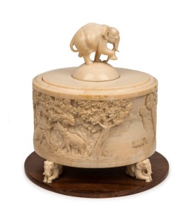An antique Indian carved ivory casket on timber base, 19th century, ​​​​​​​16cm high, 15cm wide