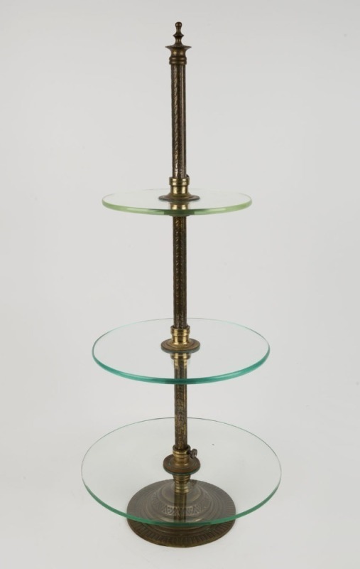 An antique brass and glass adjustable shop display stand, 19th century, 72cm high