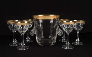 MOSER set of six Bohemian glasses with gilt decorated rims; together with a matching ice bucket, early to mid 20th century, (7 items), the glasses 12.5cm high, the bucket 15.5cm high