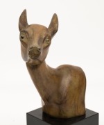 An Art Deco statue of a deer head, patinated bronze, mounted on black slate base, circa 1930, 27.5cm high - 2