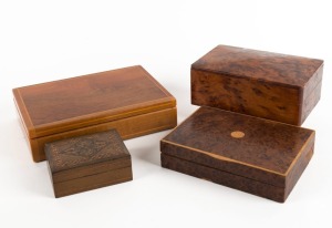 Four assorted vintage timber boxes, including, yew and amboyna and others, 20th century, the largest 20cm wide