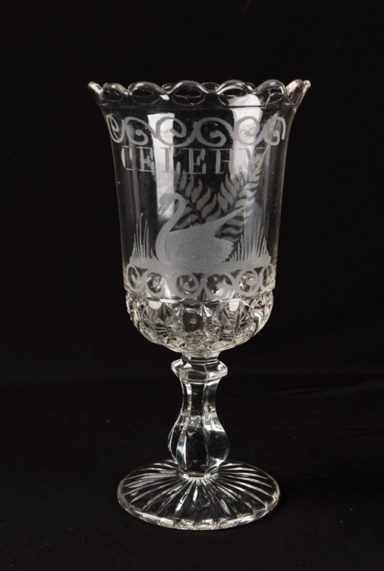 An antique pressed glass celery vase with engraved swan decoration, 19th century, ​​​​​​​23cm high