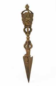A Tibetan vajra, cast bronze with gilt finish, 20th century, 31.5cm long
