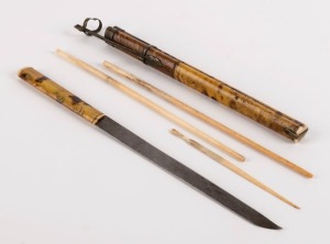 Antique Chinese travelling chopstick set, tortoiseshell and bone with bronze clasp, Qing Dynasty, 18th/19th century, 25cm long
