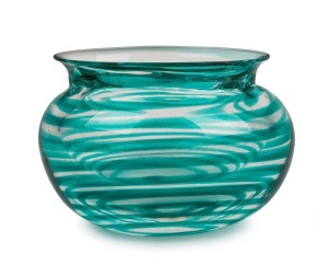 CENEDESE Murano glass vase with green swirling design and gold inclusions, signed "GINO CENEDESE, MURANO", ​​​​​​​13cm high, 21cm wide