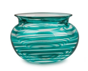 CENEDESE Murano glass vase with green swirling design and gold inclusions, signed "GINO CENEDESE, MURANO", 13cm high, 21cm wide