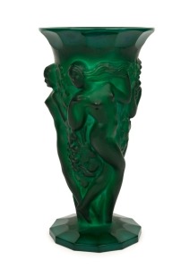 Bohemian Art Deco figural malachite glass vase, circa 1920s, 21.5cm high