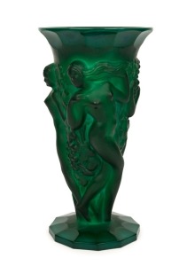 Bohemian Art Deco figural malachite glass vase, circa 1920s, ​​​​​​​21.5cm high