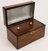 A Georgian tea caddy, burr elm with ebony stringing and bone escutcheon. Interior fitted with two mahogany lidded compartmentS with boxwood stringing and whalebone knobs, early 19th century, 11.5cm high, 20cm wide, 11cm deep - 2