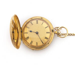 POCKET WATCH: &nbsp;Lady's 18ct gold hunter pocketwatch, fob chain and key.