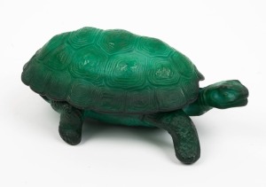 A Bohemian malachite glass turtle jewellery casket, circa 1920s, 20cm long