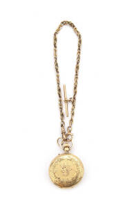 POCKET WATCH: &nbsp;Lady's 18ct gold hunter pocketwatch and 15ct chain fob chain.