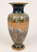 DOULTON LAMBETH antique English pottery vase with sgraffito cow decoration by HANNAH BARLOW, 19th century, impressed factory mark with artist monogram to base, 27.5cm high - 2