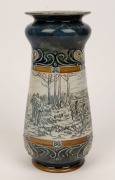 DOULTON LAMBETH antique English pottery vase with sgraffito decoration of cows and horses in landscape, by HANNAH and FLORENCE BARLOW, 19th century, impressed factory mark with artists monograms to base, 26cm high - 3