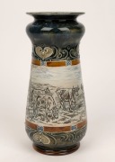 DOULTON LAMBETH antique English pottery vase with sgraffito decoration of cows and horses in landscape, by HANNAH and FLORENCE BARLOW, 19th century, impressed factory mark with artists monograms to base, 26cm high - 4