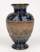 DOULTON LAMBETH antique English pottery vase with sgraffito decoration of sheep in landscape, by HANNAH BARLOW, circa 1879, impressed factory mark with artist monogram&nbsp;to base, 18.5cm high - 2