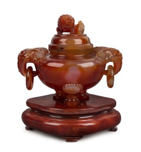 A Chinese carved carnelian hard stone censer, 19th/20th century, 17cm high, 21cm wide