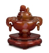 A Chinese carved carnelian hard stone censer, 19th/20th century, ​​​​​​​17cm high, 21cm wide