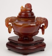 A Chinese carved carnelian hard stone censer, 19th/20th century, ​​​​​​​17cm high, 21cm wide - 2