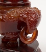 A Chinese carved carnelian hard stone censer, 19th/20th century, ​​​​​​​17cm high, 21cm wide - 3