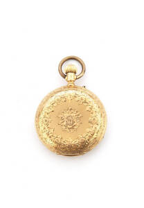 POCKET WATCH: Lady's 18ct yellow gold crown wind hunter pocket watch. 35mm.