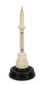 An impressive Exhibition ware engine turned ivory desk thermometer on ebonized base by KILPATRICK & Co. of London, 19th century, 25cm high